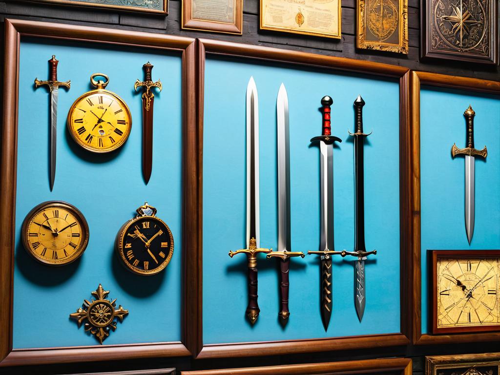 Рамки на стене с разными предметами внутри: мечами, зельями, часами, картами
