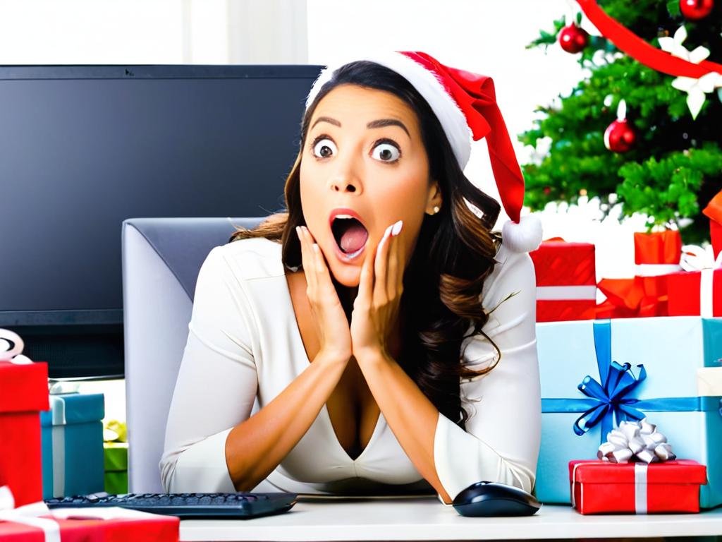 Девушка с удивленным лицом смотрит на монитор, где видны новогодние подарки и гирлянды