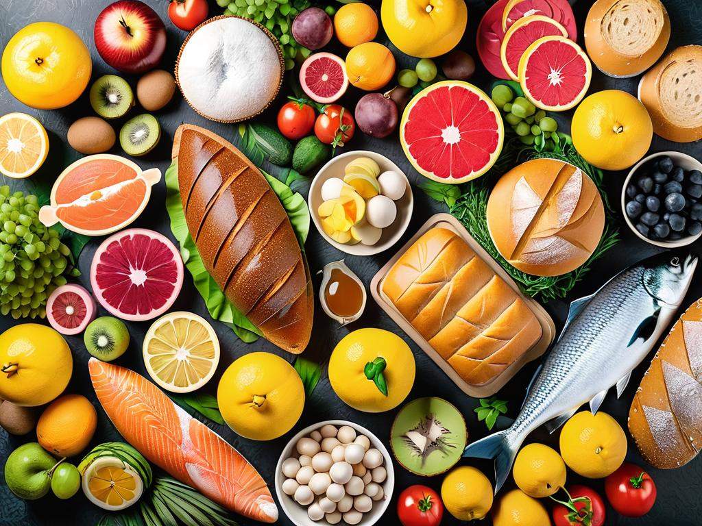 Разнообразие продуктов питания фрукты овощи мясо хлеб