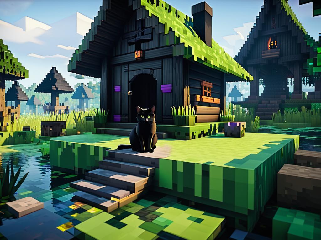Черная кошка сидит в хижине ведьмы в болотном биоме Майнкрафта рядом с игроком
