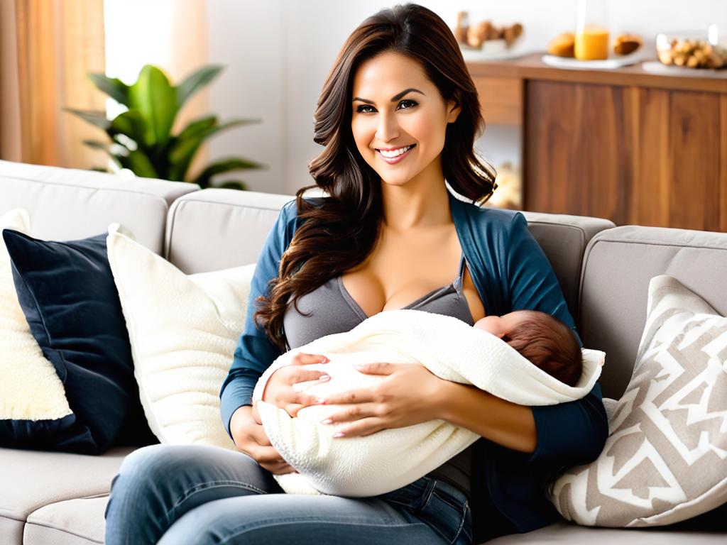 Женщина, спокойно кормящая грудью ребенка на диване