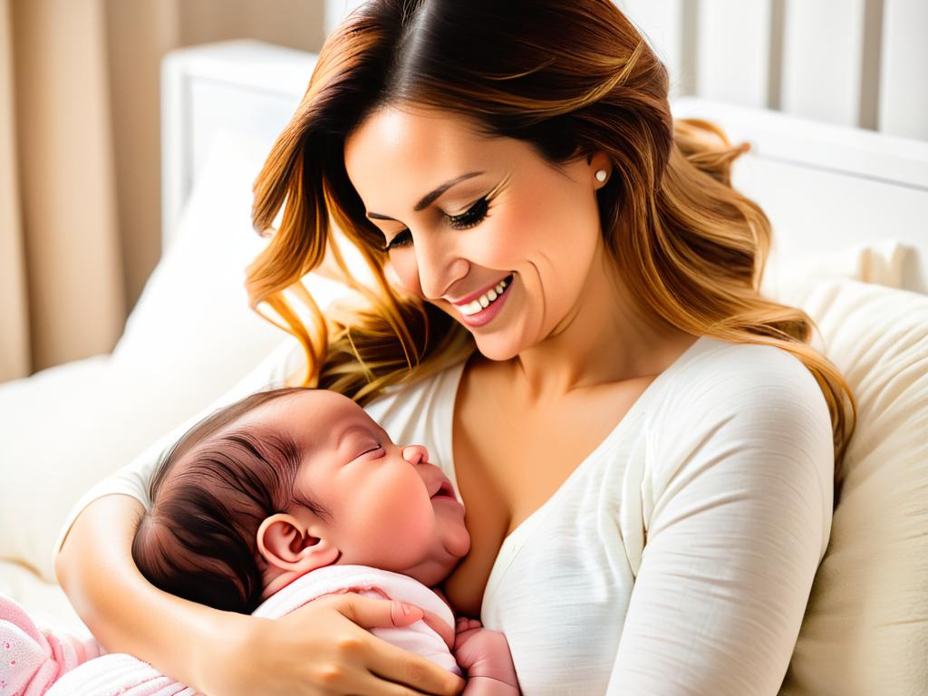 Счастливая молодая мама с любовью смотрит на кормящегося грудью новорожденного