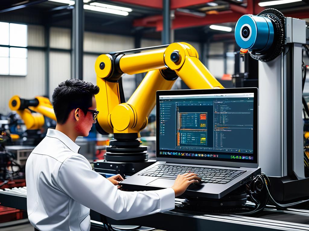 Инженер программирует промышленного робота на заводе