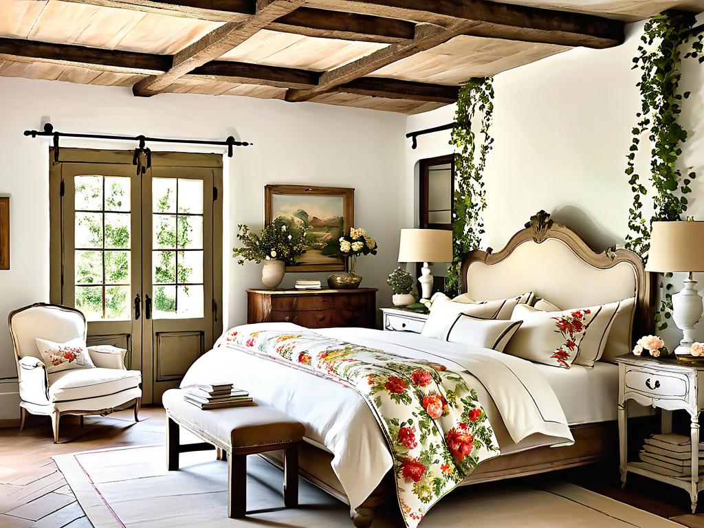 Уютная спальня во французском стиле: деревянные балки на потолке, цветочное постельное белье,