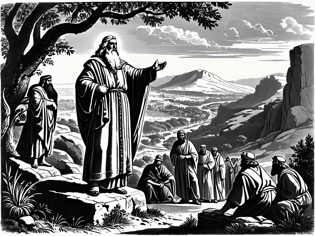 Старая иллюстрация с изображением библейских персонажей, таких как Мафусаил