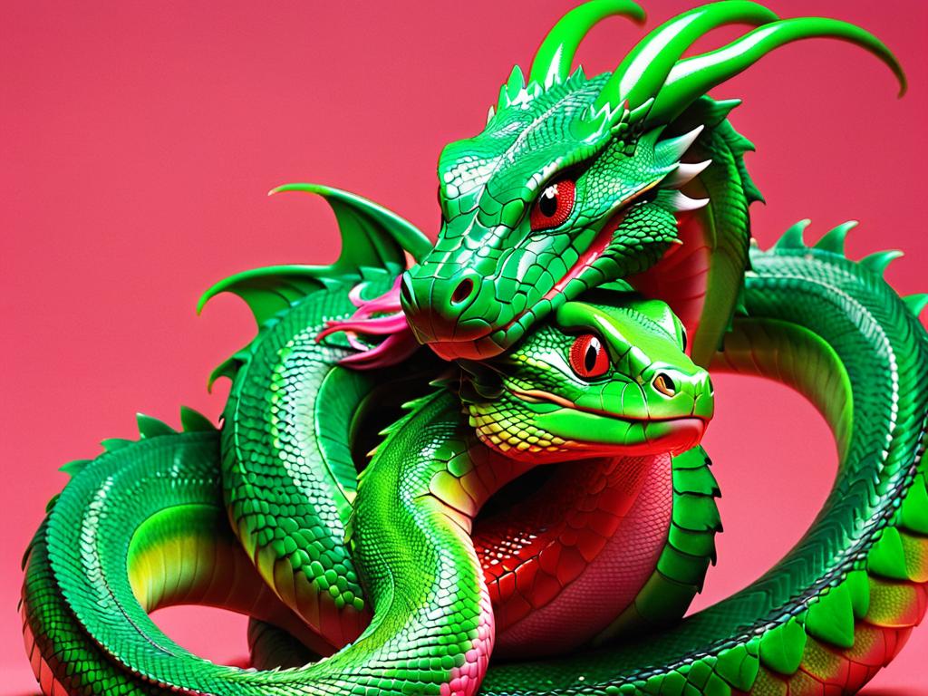 Красный дракон романтично обнимает зеленую змею на розовом фоне