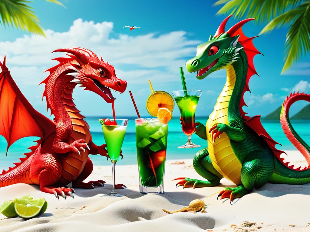 Красный дракон и зеленая змея весело проводят время с коктейлями на пляже