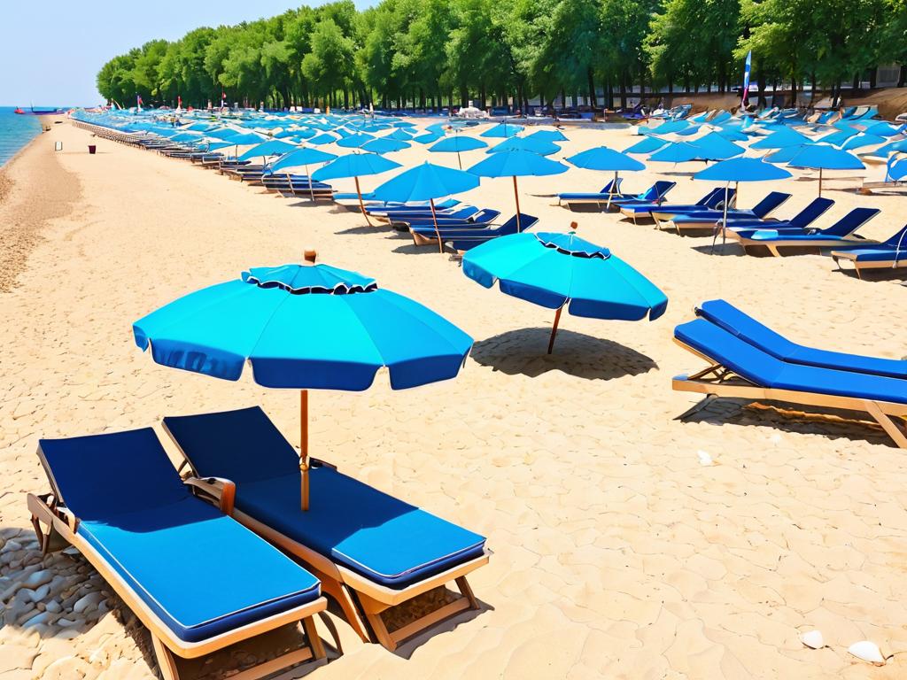 Шезлонги и зонтики на песчаном пляже Азовского моря, усыпанном ракушками, в солнечный летний день.