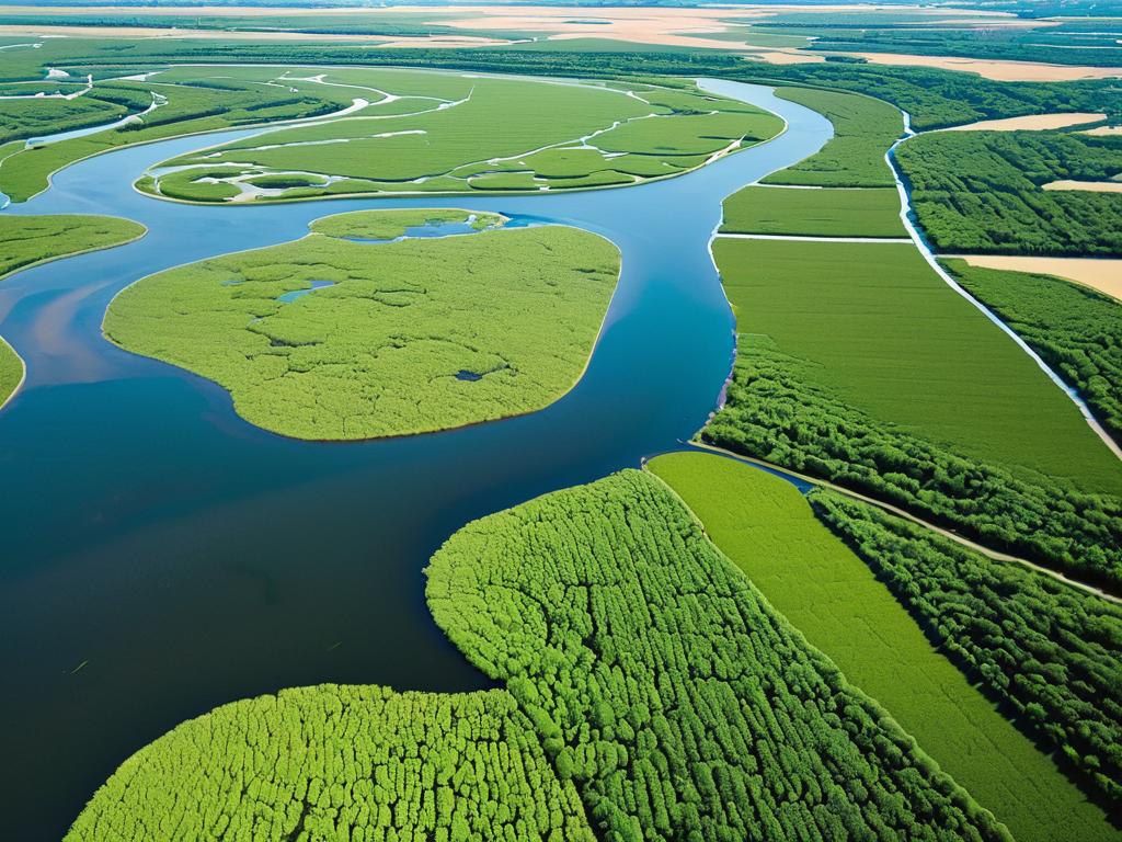 Вид с высоты на дельту реки Дон с зарослями тростника и многочисленными протоками.