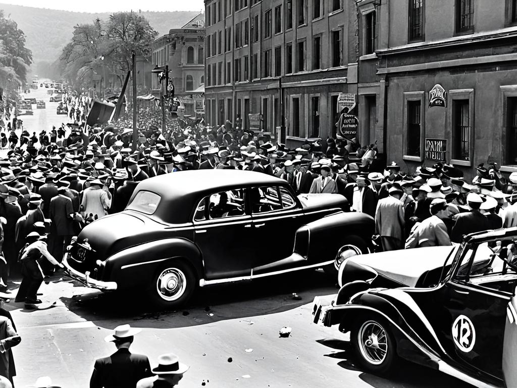 Старая черно-белая фотография аварии с толпой зевак