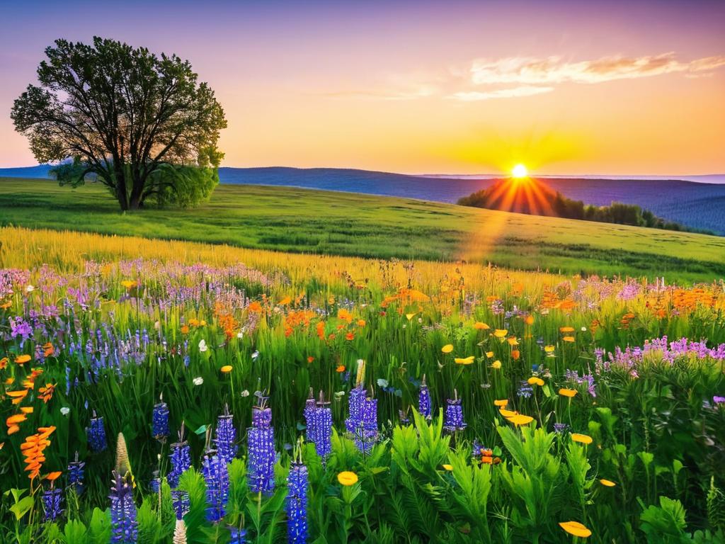 Закат над лугом, покрытым цветущими полевыми цветами