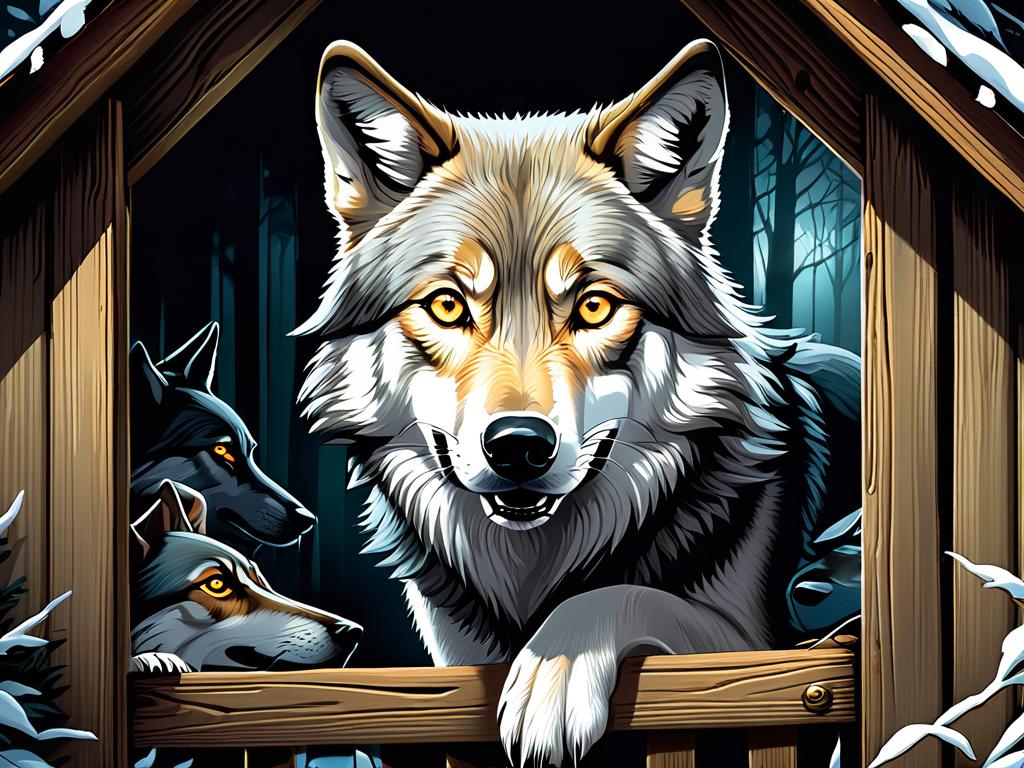 Волк заглядывает в псарню с собаками