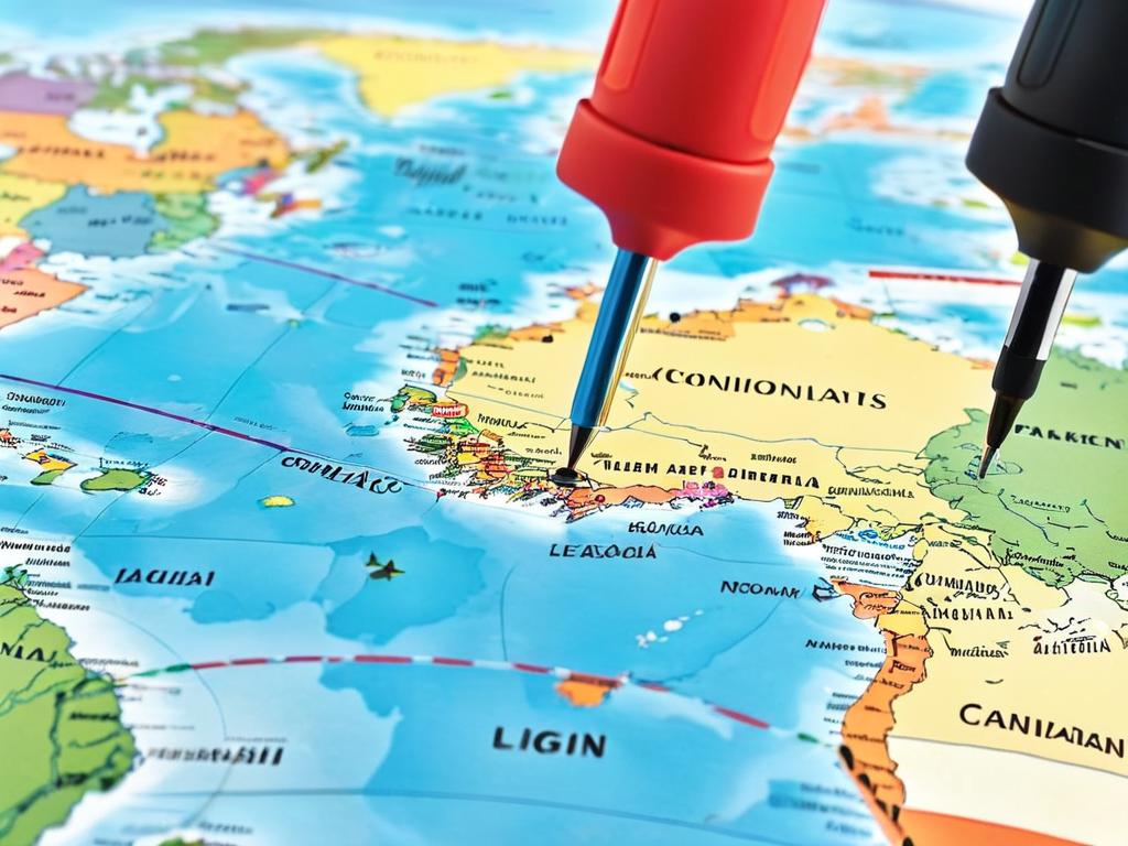Карта мира с маркерами, указывающими на разные страны и континенты