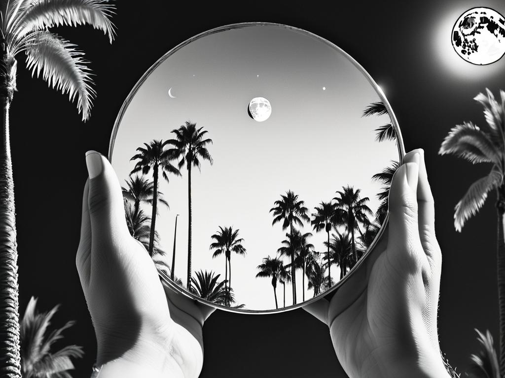Рука держит зеркало с отражением пальм и луны