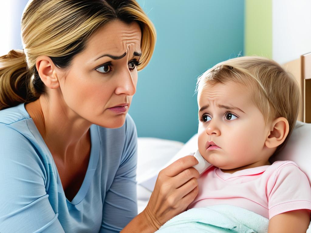 Обеспокоенная мама с больным ребенком