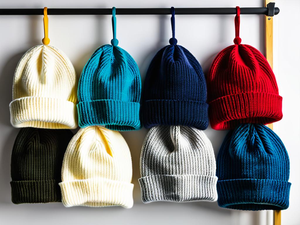Вязаные шапки разных цветов на вешалке