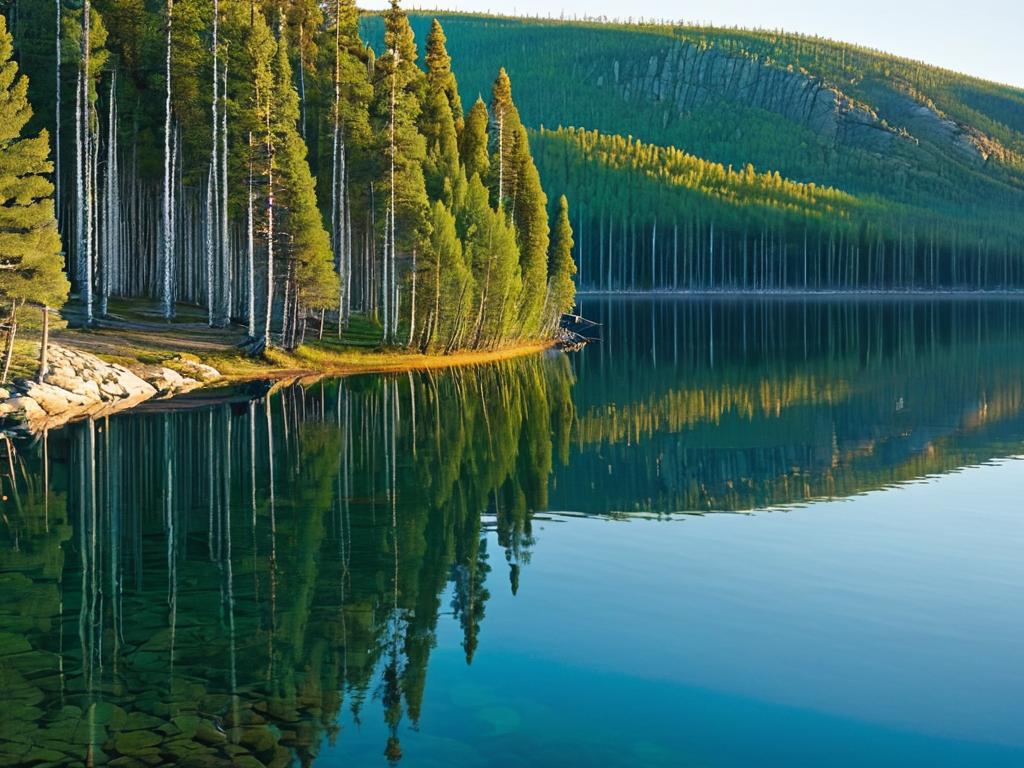 Озеро Тургояк на Южном Урале, отражающее в спокойных водах сосны по берегам