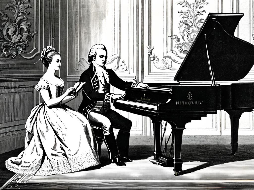 Гравюра, изображающая выступление Моцарта, играющего на клавесине в сопровождении своей сестры