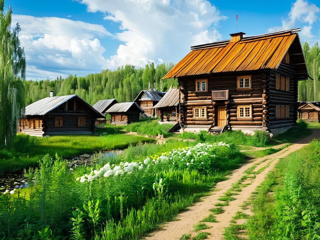 Старая русская деревня с традиционными деревянными домами