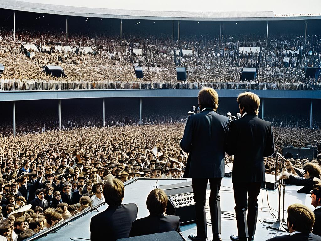 The Beatles выступают перед огромной толпой кричащих фанатов на пике битломании