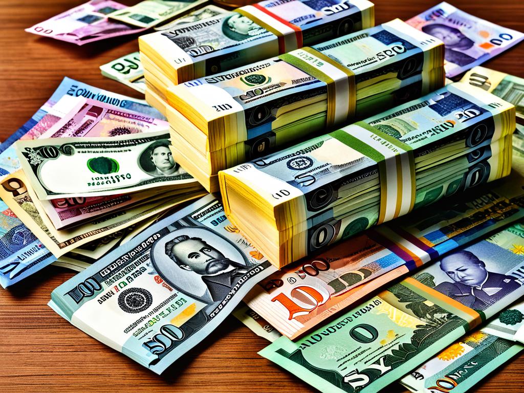 Пачка банкнот разных валют и номиналов, лежащая на столе