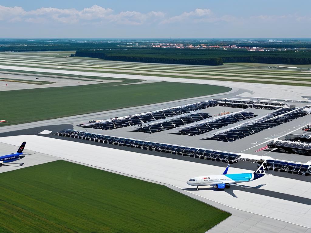 Стоянка самолетов и взлетно-посадочная полоса международного аэропорта Мюнхена