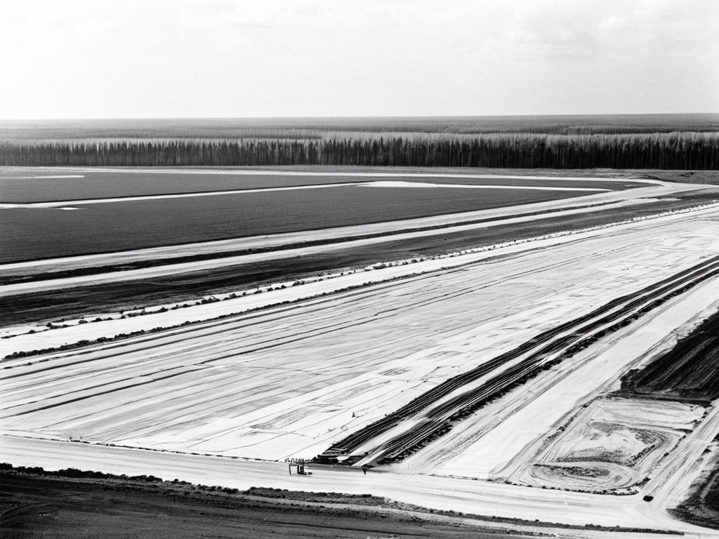 Черно-белая историческая фотография строительства взлетно-посадочной полосы аэропорта Храброво в