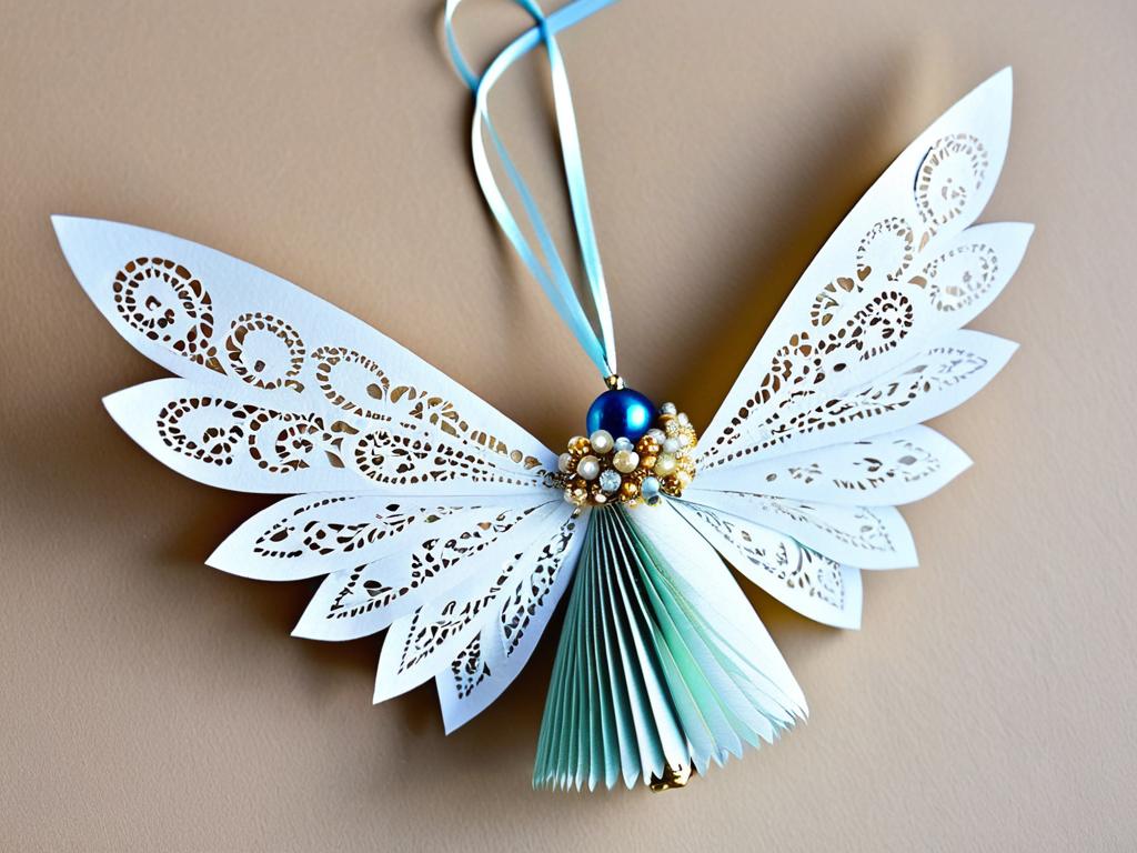 Елочная игрушка ангел из бумажных конусов с крылышками из цветной бумаги