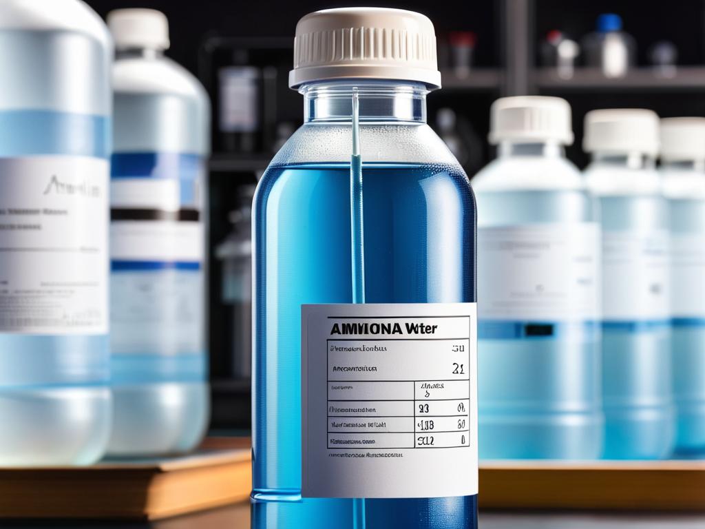 Близкий план бутылки с аммиачной водой, этикеткой и химической формулой на фоне научной лаборатории