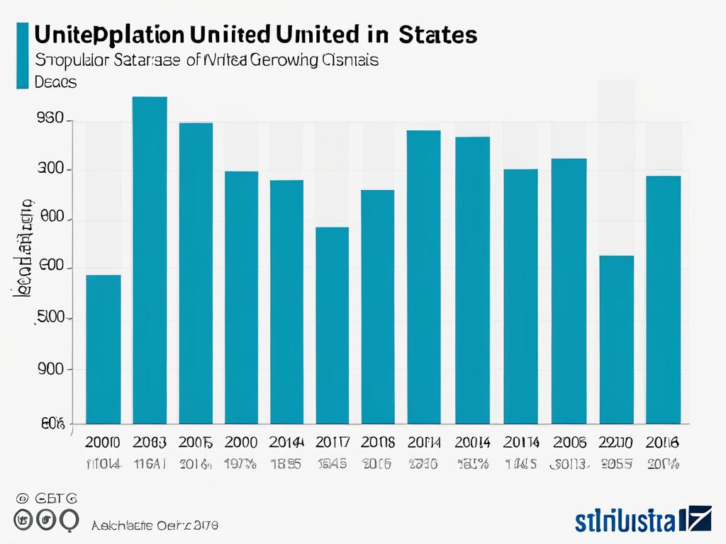 Гистограмма, отражающая рост численности населения США за последние десятилетия.