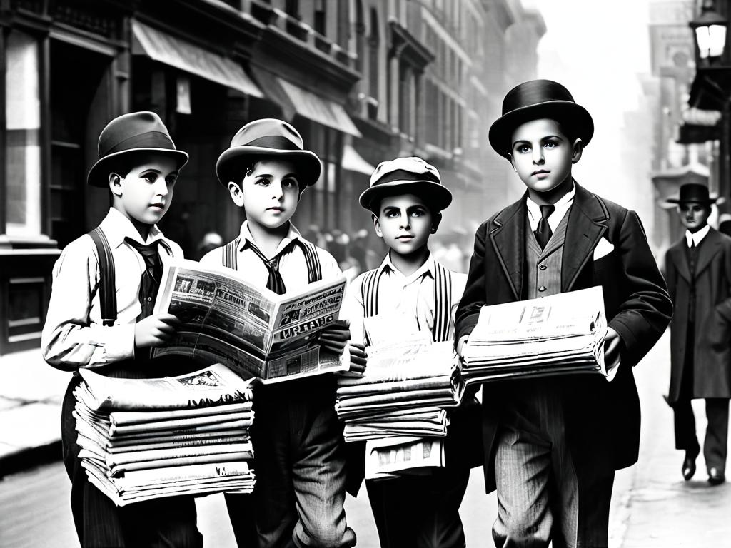 Газетчики продают газеты на городской улице в начале 20 века. Иллюстрирует массовое распространение