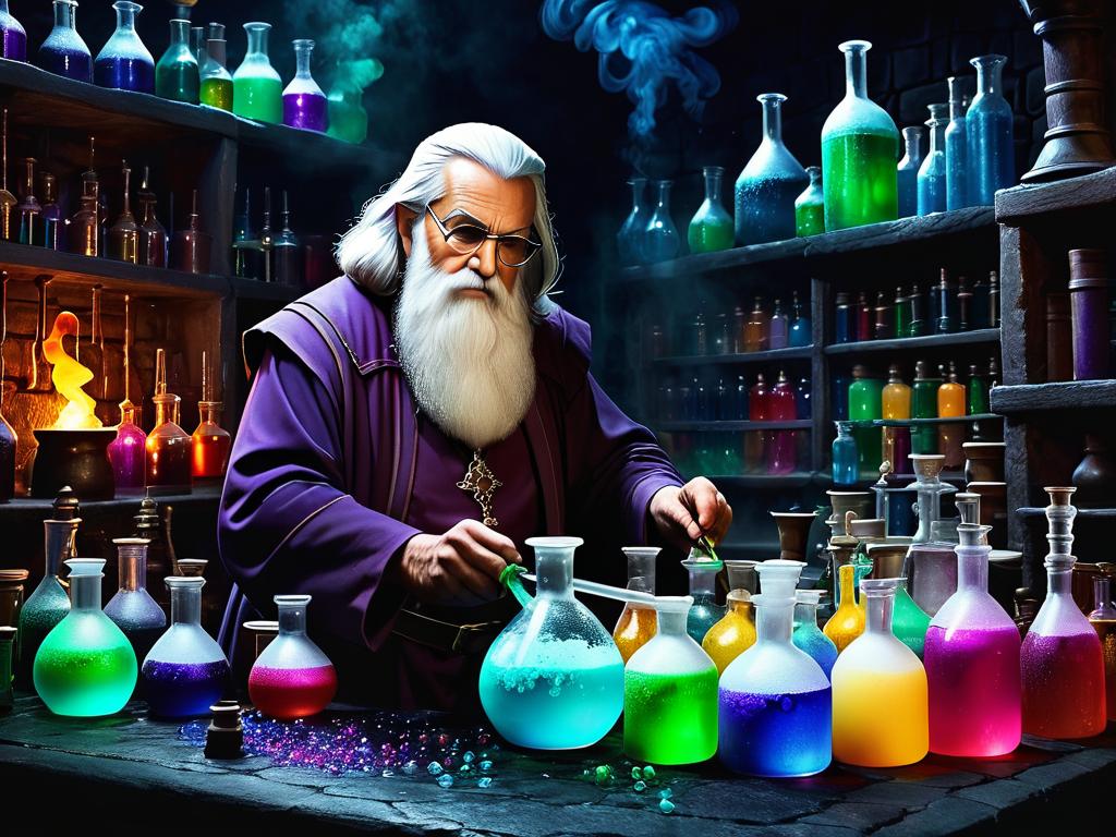 Старый алхимик усердно работает над бурлящими зельями и колбами, полными разноцветных жидкостей, в