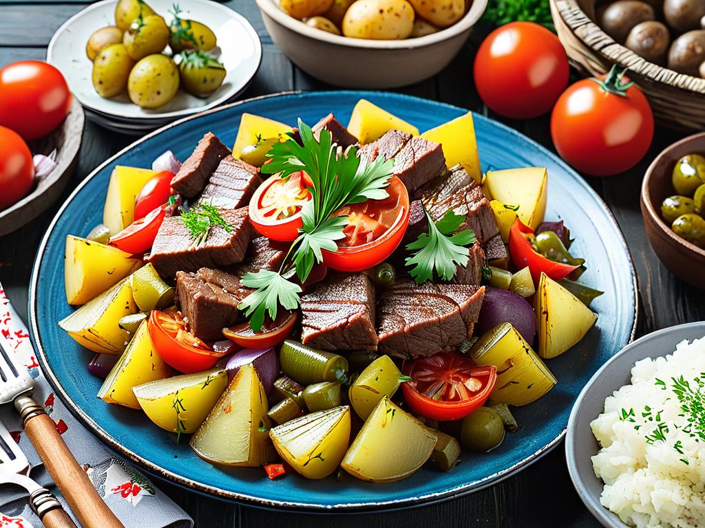 Татарское блюдо азу из говядины, картофеля, помидоров, лука, соленых огурцов. Ингредиенты аккуратно