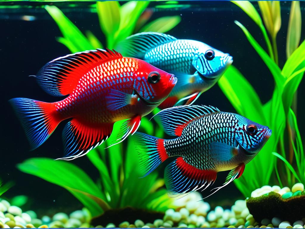Три карликовые рыбки-гурами с яркими синим, красным и зеленым цветами плавают вместе в засаженном