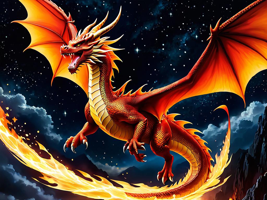 Изображение огненного дракона, взмывающего в ночном небе среди звезд