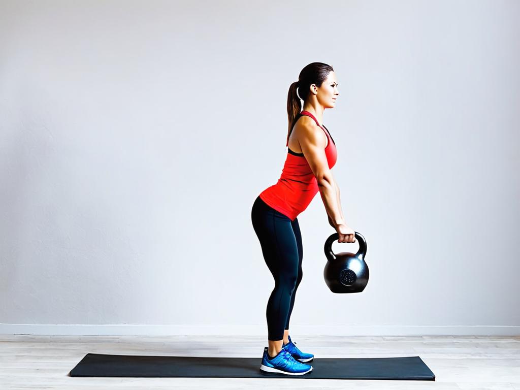 Женщина выполняет упражнение подъемы на степ с гирей. На фото конечное положение, вес удерживается