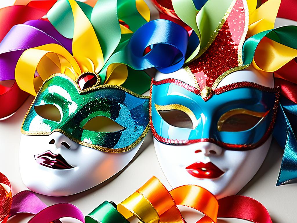 На фотографии примеры готовых ярких карнавальных масок, украшенных блестками, пайетками, лентами и