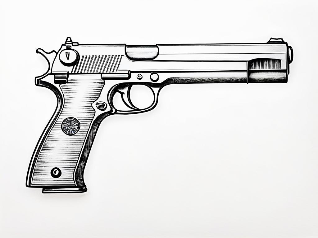 Фото карандашного наброска контура пистолета на белой бумаге