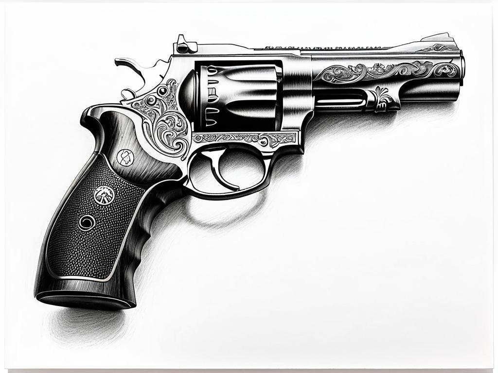 Детализированный рисунок пистолета графитным карандашом на белой бумаге
