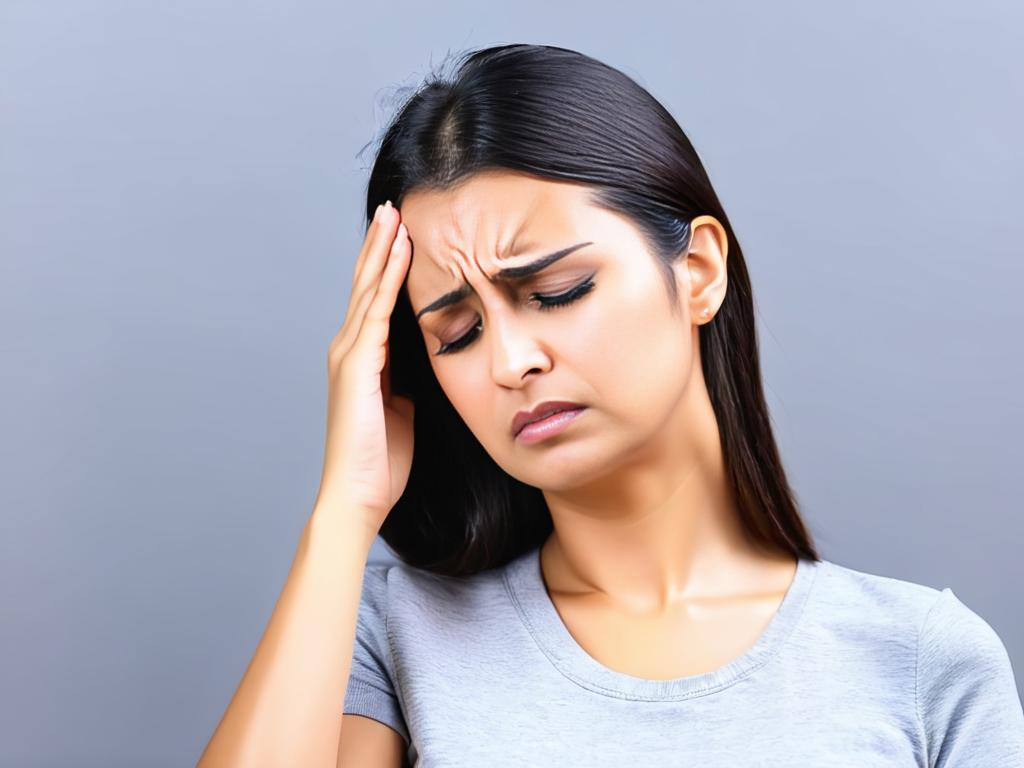 Женщина с головной болью прикасается к голове с болезненным выражением лица