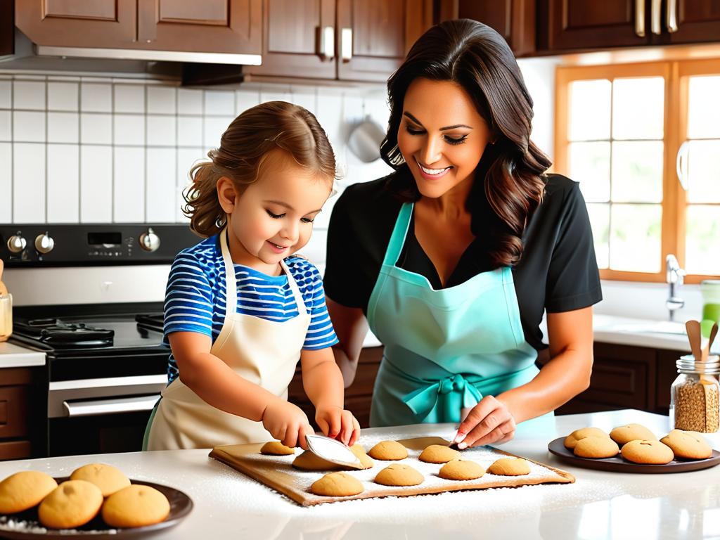 Мама печет печенье на кухне вместе с ребенком