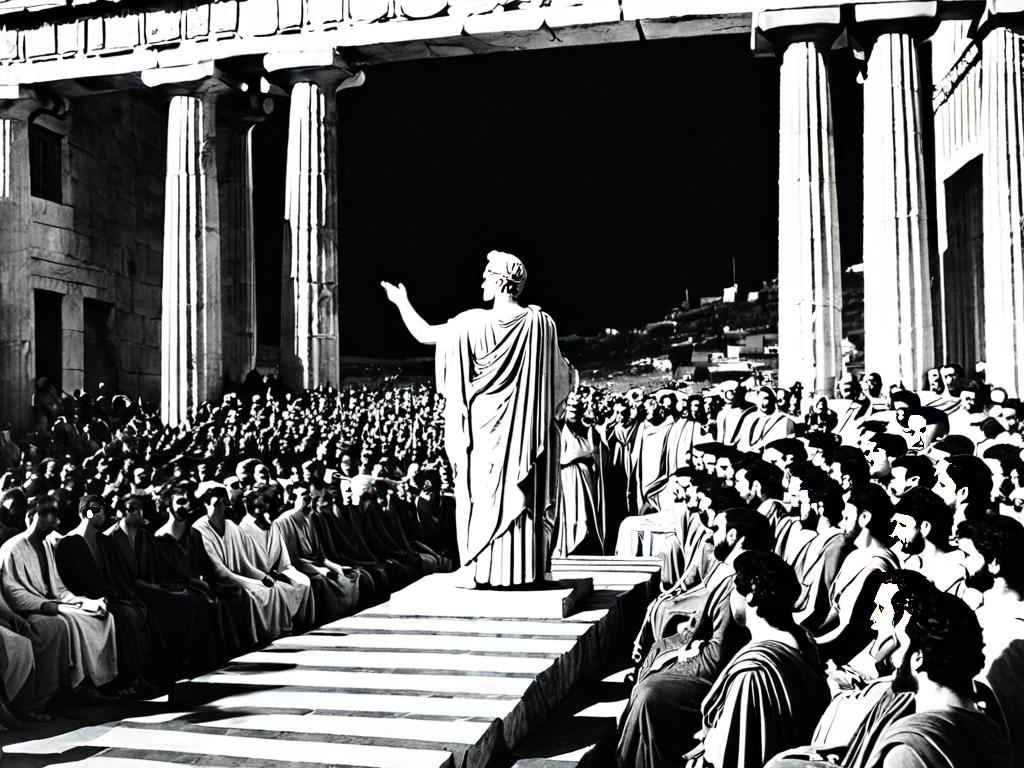 Древнегреческий поэт декламирует стихи Илиады и Одиссеи перед завороженной толпой в Афинах