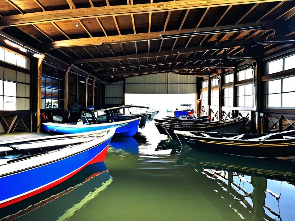 Интерьер гаража для лодок с рыболовными лодками