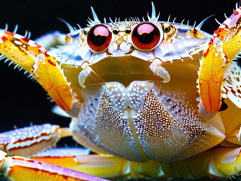 Вид снизу на тело японского краба-паука, где видны его глаза и ротовые органы