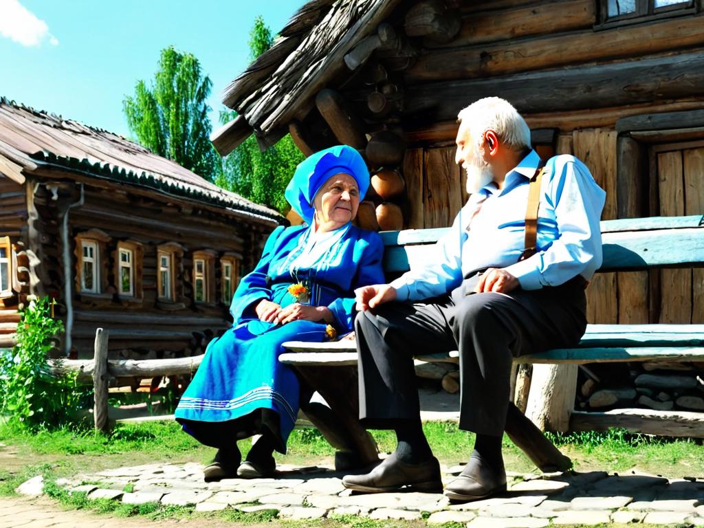 Старый русский мужчина и женщина сидят на лавочке в деревне и разговаривают