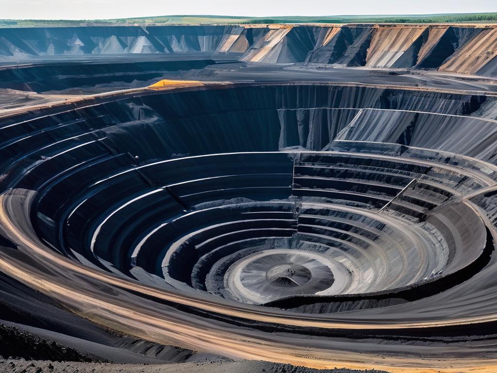 Угольный карьер открытой добычи, демонстрирующий масштабное использование ресурсов для