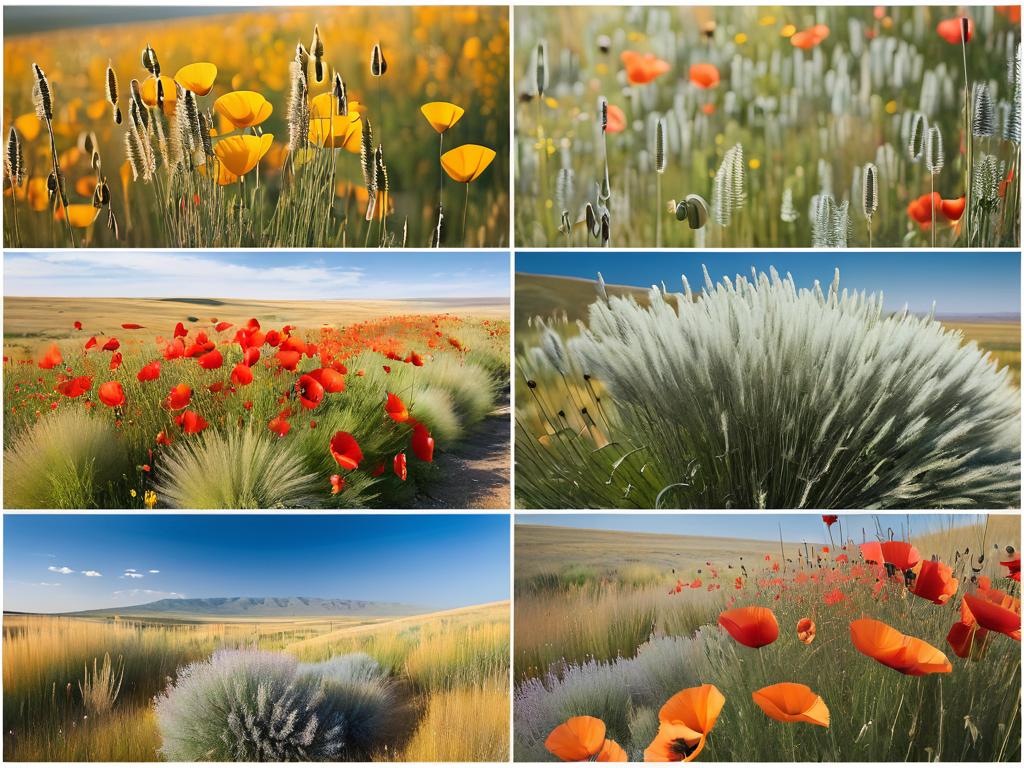 Коллекция фотографий степных трав и цветов - ковыль, полынь, маки