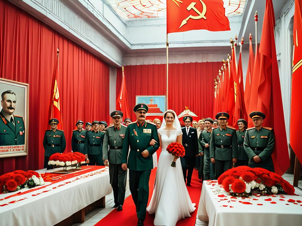 Советская свадебная церемония с красными флагами