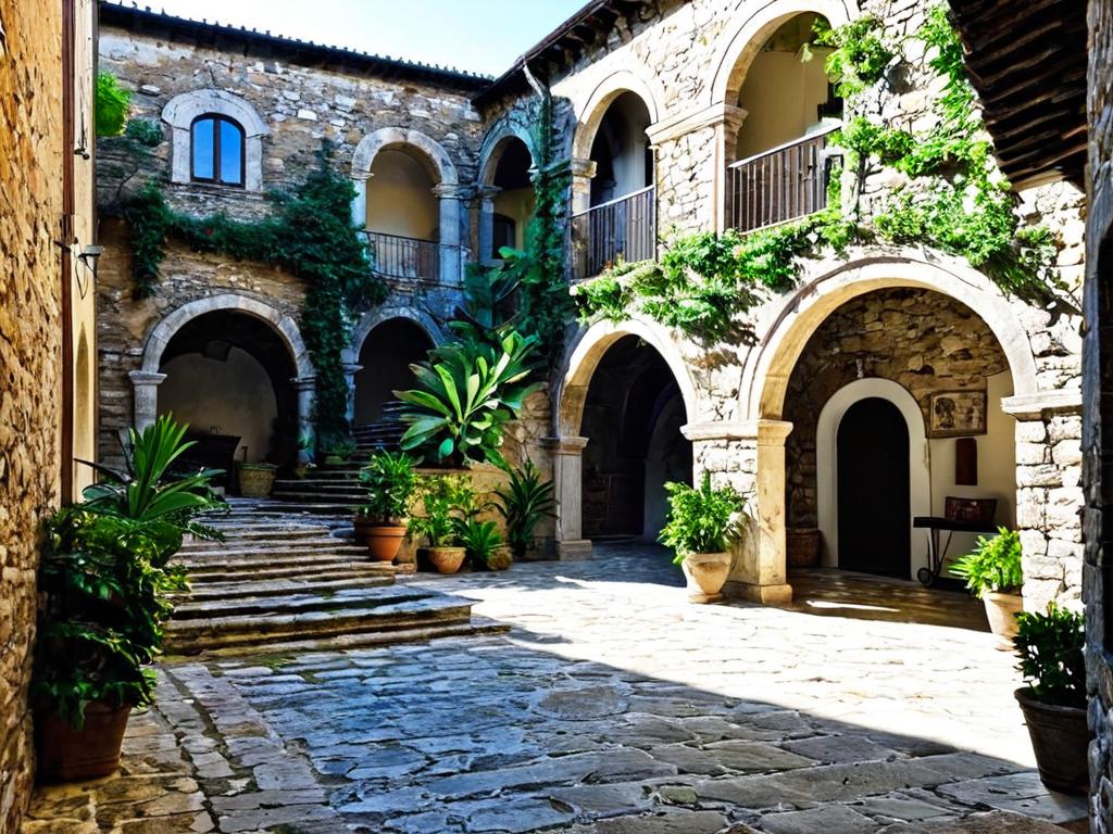 Старинный итальянский двор с каменными арками и лестницей