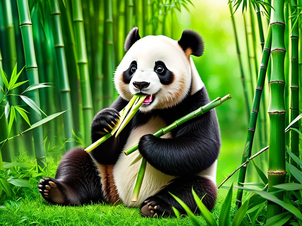Панда ест свежие побеги бамбука в природе